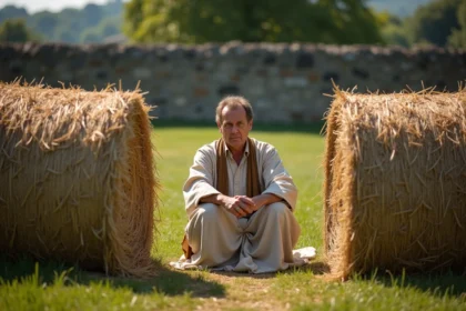 Savant médiéval hésitant entre deux meules de foin