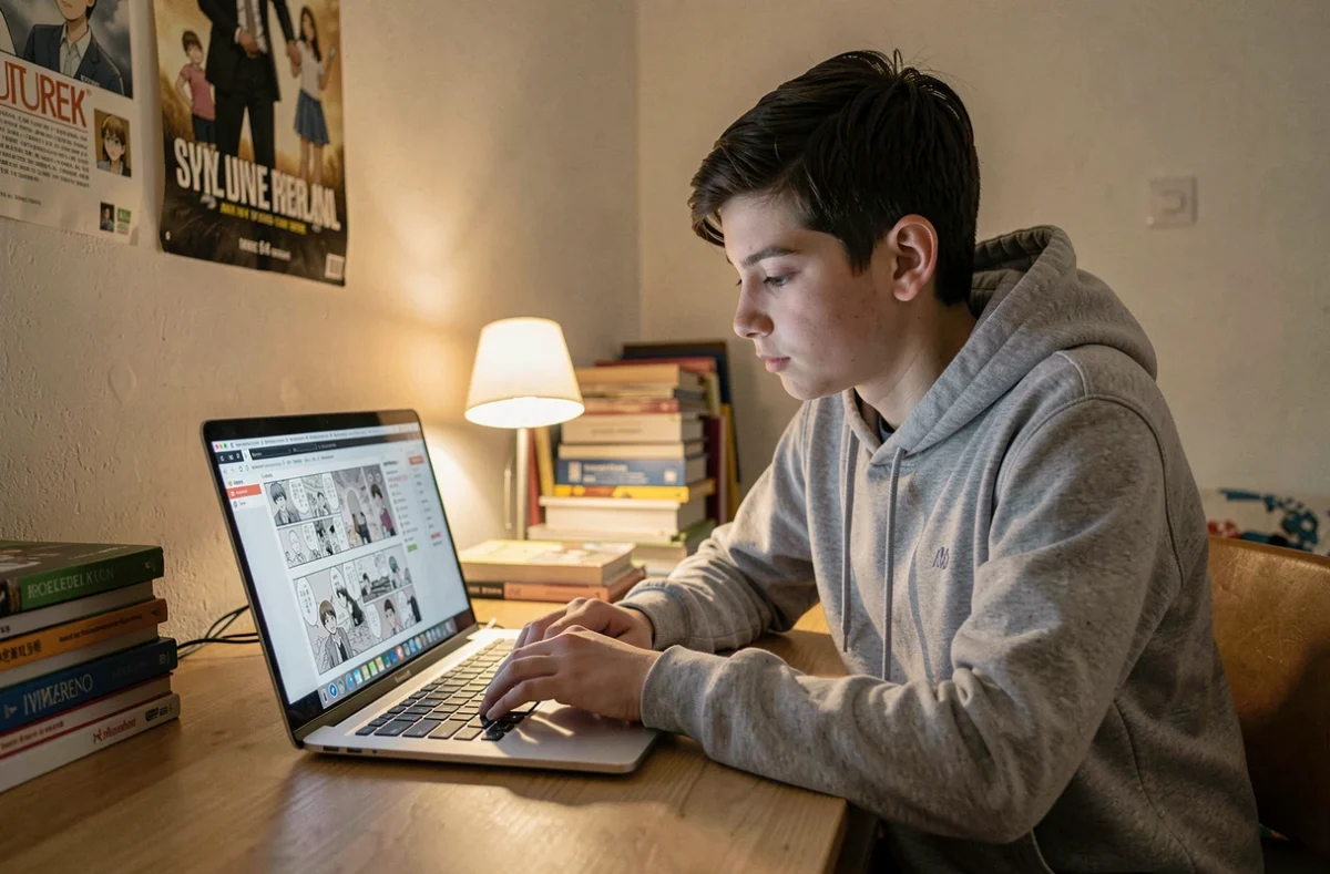 Adolescent lisant un scan manga en ligne sur son ordinateur portable dans sa chambre d'étudiant