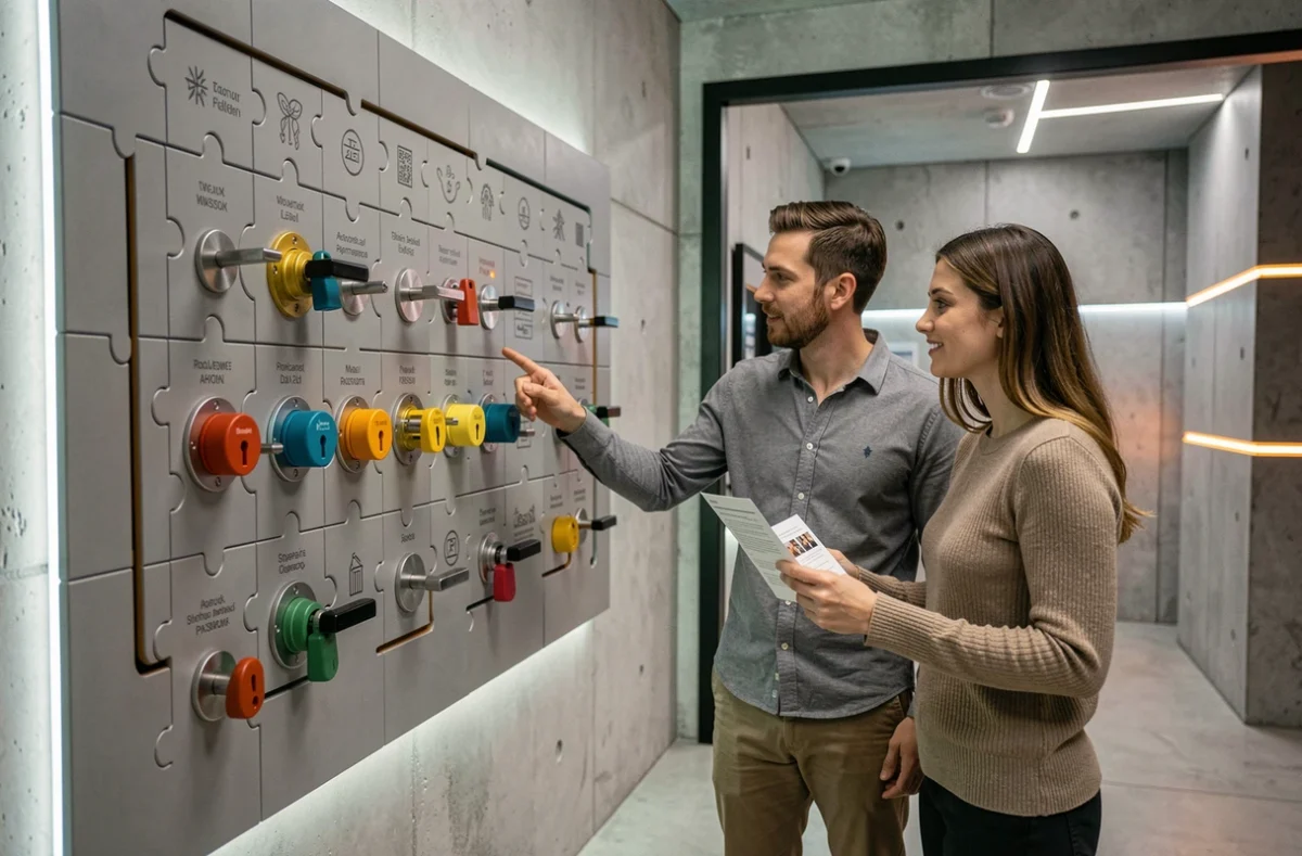 Deux joueurs collaborant sur une énigme murale dans le décor contemporain de S.cape Game Avignon