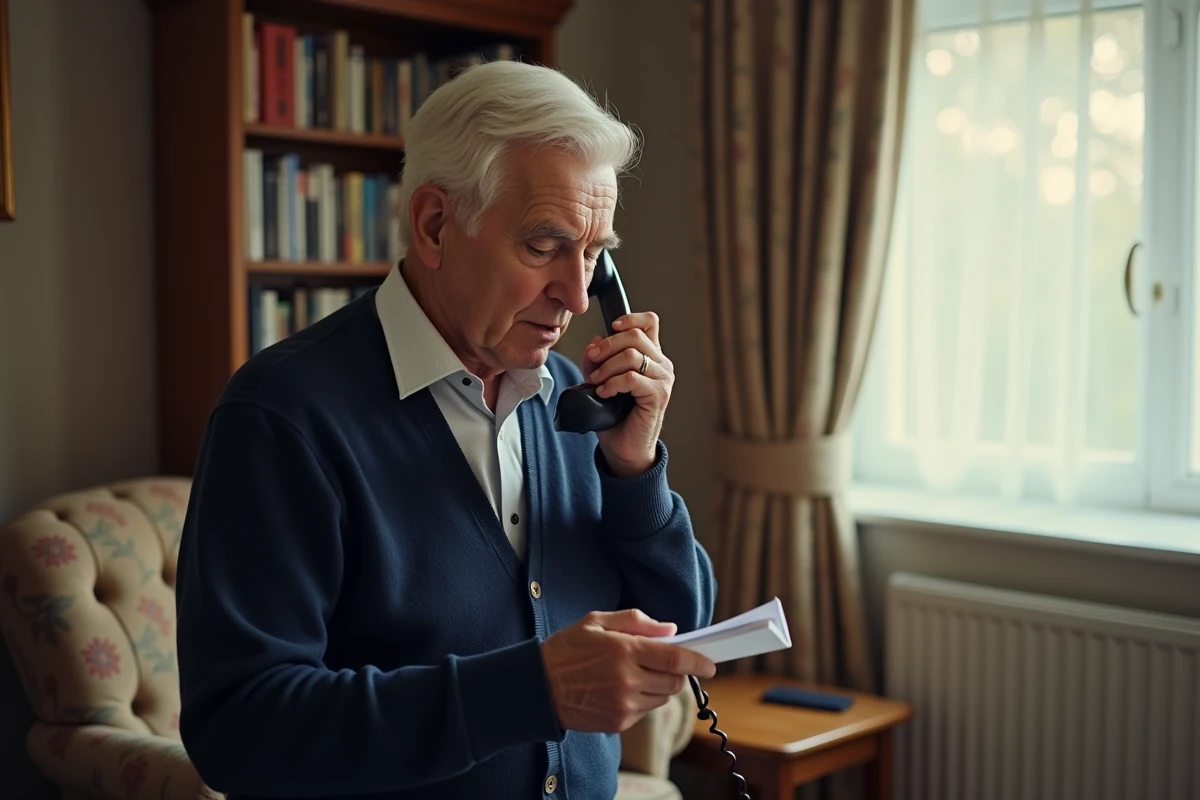 Senior utilisant un téléphone fixe pour contacter le service annuaire 118 712 depuis son salon