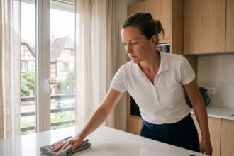 Professionnelle de ménage à domicile nettoyant un plan de travail dans une cuisine moderne à Hœnheim