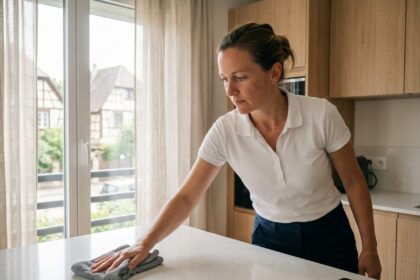 Professionnelle de ménage à domicile nettoyant un plan de travail dans une cuisine moderne à Hœnheim