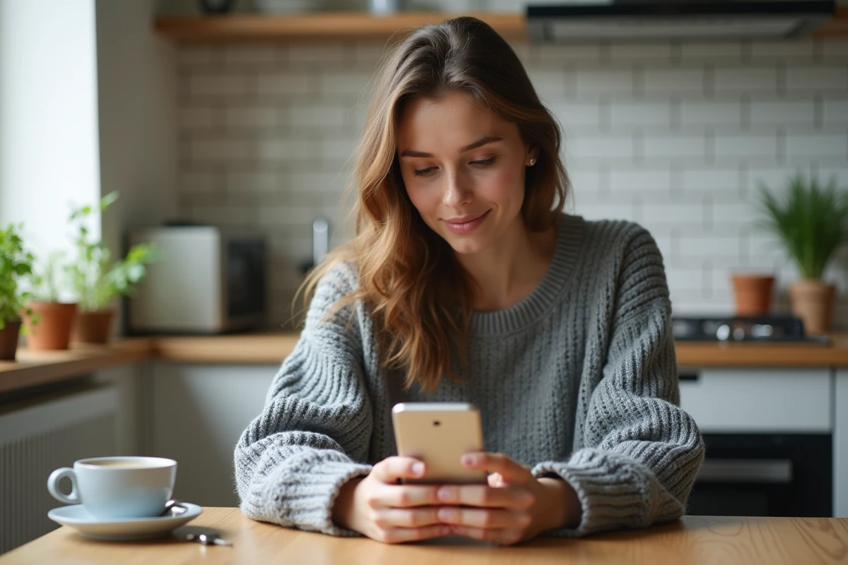 Femme consultant le suivi de colis GLS sur smartphone dans une cuisine française