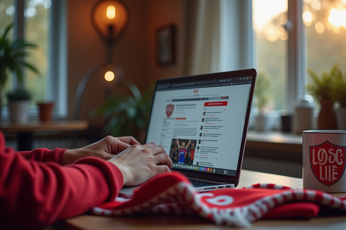 Supporter tapant sur son ordinateur avec mug LOSC Lille
