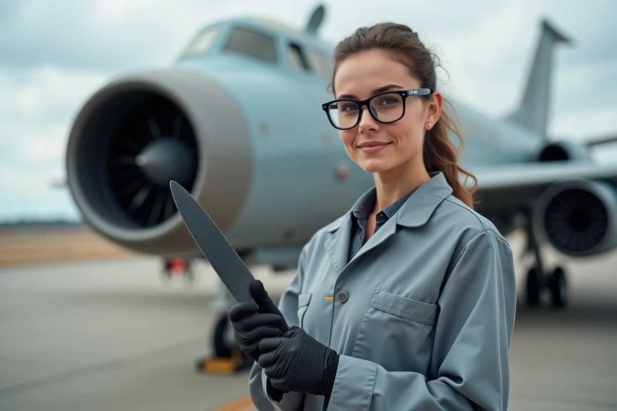 Technicienne tenant une pale de turbine composite en extérieur
