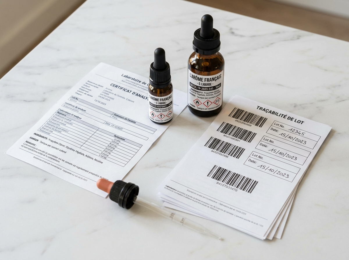 Flacons d'e-liquide français avec étiquetage réglementaire, certificat d'analyse et fiche de traçabilité sur fond marbre blanc