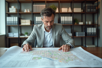 Urbaniste étudiant un plan de zonage dans un bureau moderne