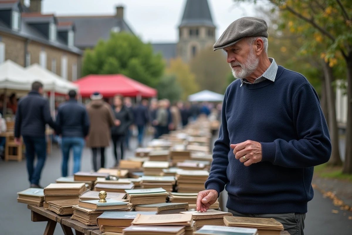 Vendeur de vide grenier présentant livres anciens et vinyles dans le Finistère un dimanche matin