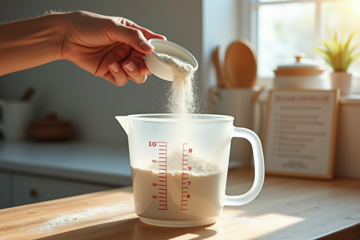 Main versant de la farine dans un verre doseur en cuisine