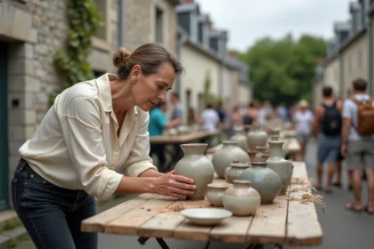 Femme chinant une poterie ancienne sur un stand de vide grenier en Bretagne, Finistère