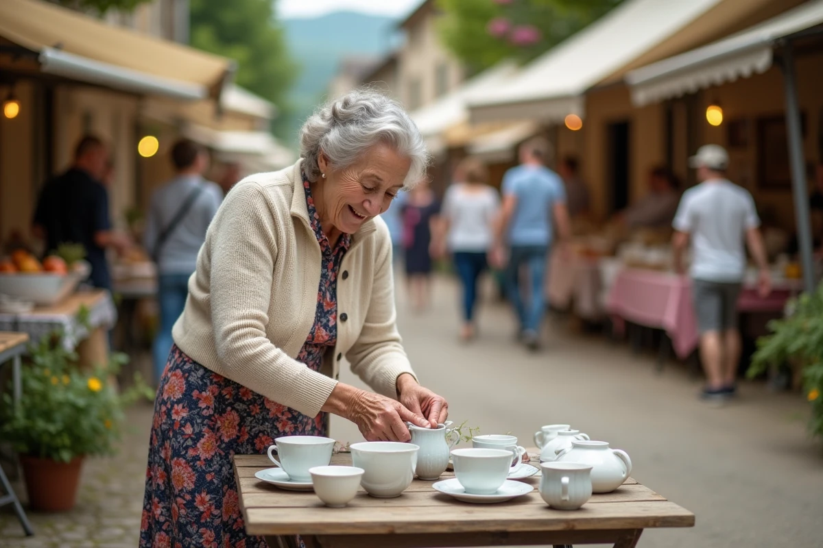 Femme âgée arrangeant des tasses en porcelaine vintage lors d'un vide grenier en France