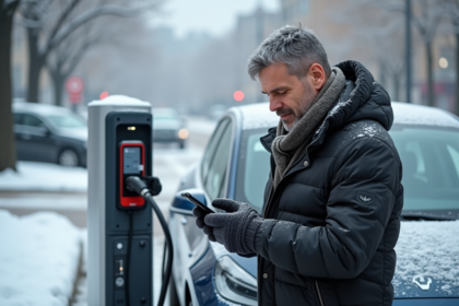 Homme en parka devant sa voiture électrique en hiver