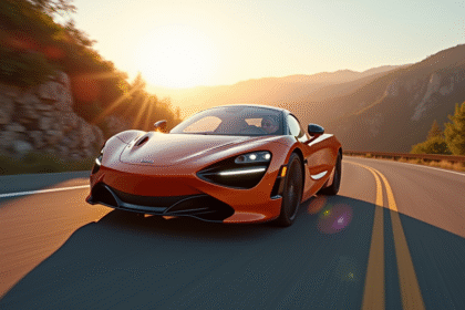 Voiture sportive prenant un virage en montagne lors du coucher de soleil