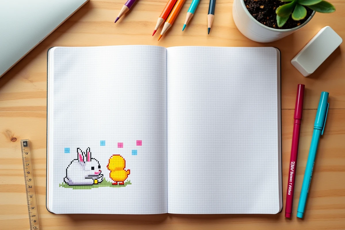 Vue de dessus d'un cahier quadrillé avec des dessins pixel art de lapins et poussins entouré de feutres