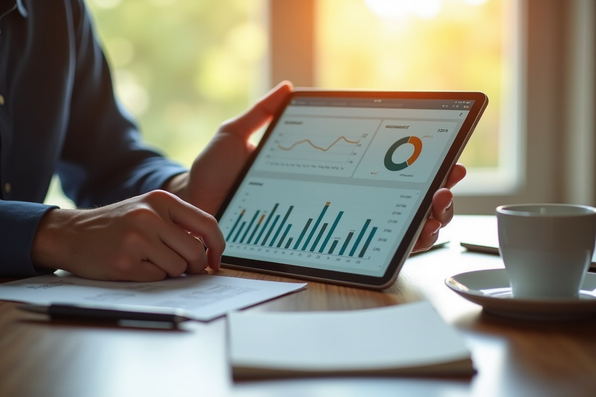 Main tenant une tablette avec des indicateurs clés de performance