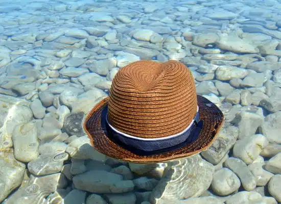 brown and black fedora hat on gray stone